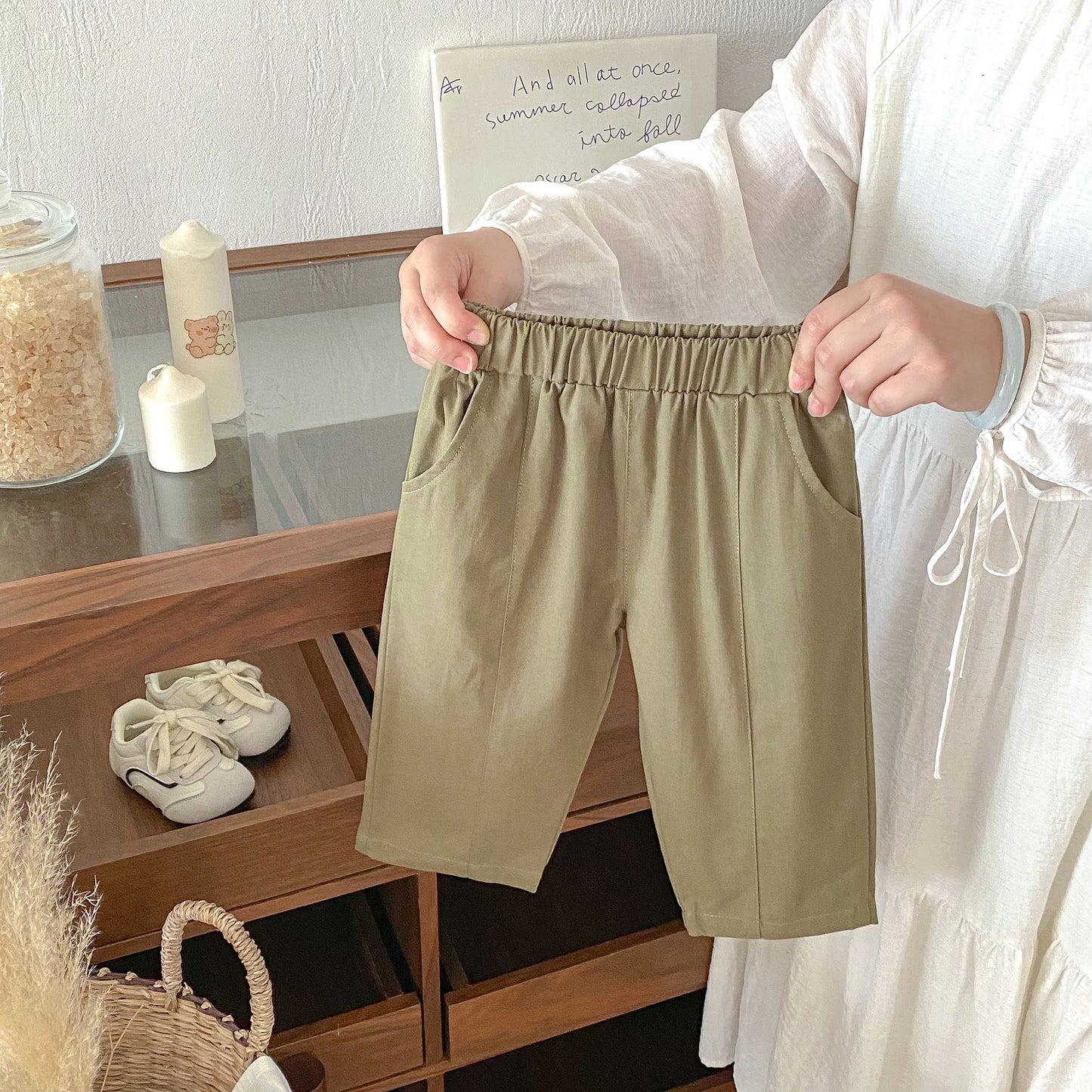Toddler Girl Cotton Pleated Harem Pants 1-6Y Kids Boys Solid Color Casual Roll Up Trousers Comfy Elastic Waist Kids Bottoms