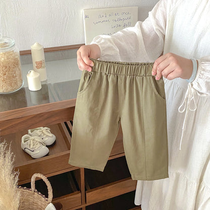 Toddler Girl Cotton Pleated Harem Pants 1-6Y Kids Boys Solid Color Casual Roll Up Trousers Comfy Elastic Waist Kids Bottoms
