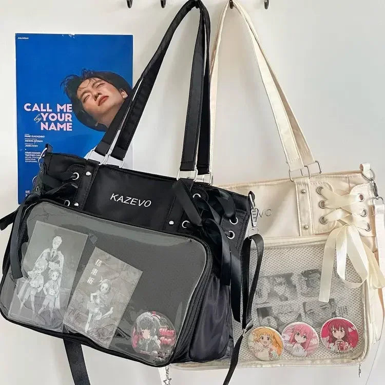 College Style Crossbody Bag with Ribbon Large Capacity for Class Book Carrying Mailman Bag Girls Bow JK Shoulder Ita Bag Handbag