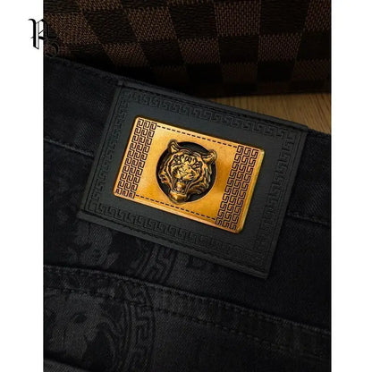 Spring and Autumn Korean Slim Jeans for Men 2025 High-end Luxury Clothing Black Printing Mid-waist Stretch Casual Pencil Pants