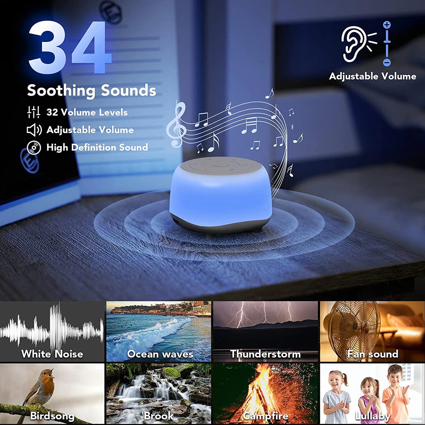 MBZ203 White Noise Machine Sleep Sound Machine for Baby Sleep Soother 7 Colors Night Lights 34 Soothing Sounds Adjustable Timer