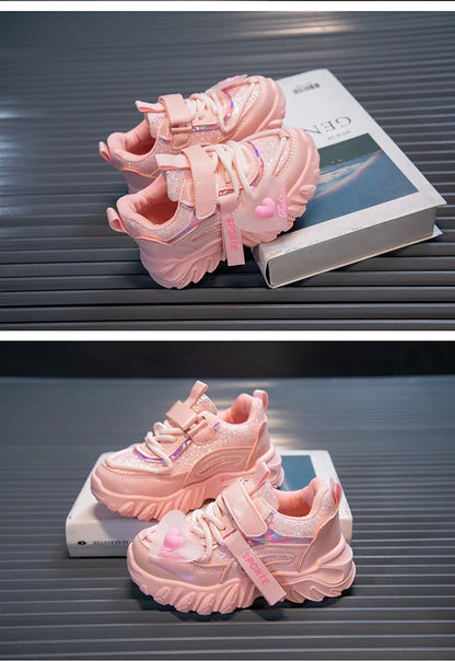 Girls Sports Shoes Kids Running Sneakers for School Fashion Cute Shiny Non-slip Children's Casual Shoes with Heart Spring Autumn