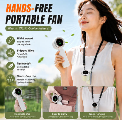Mini Fan Portable Handheld Fan 5 Speed Wind Speed LED Display Outdoor Foldable/neck Hanging Brushless Silent Fan 2400mah