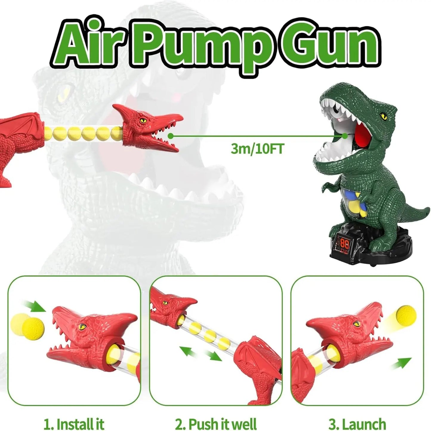 Kids Dinosaur Shooting Toy Gun 360 Degree Omni Rotatable Mist Spray Design Air Popper Soft EVA Ball Blaster Educational Parent-Child Battle Play Toy for Home Backyard Party