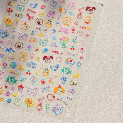 Collage Text English Letter Musical Note Star Graffiti Colorful 5D Love Heart Bowknot Nail Art Sticker Adhesive Manicure Decals