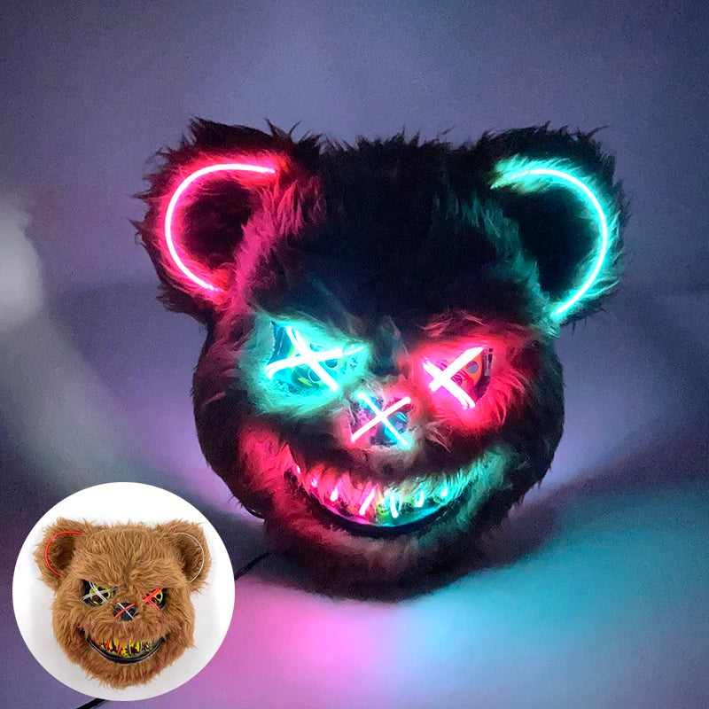 LED Bloody Rabbit Mask Glowing Killer Black Bear Mask Halloween Dance Party Cosplay Costume Props Assassinated Plush Rabbit Mask