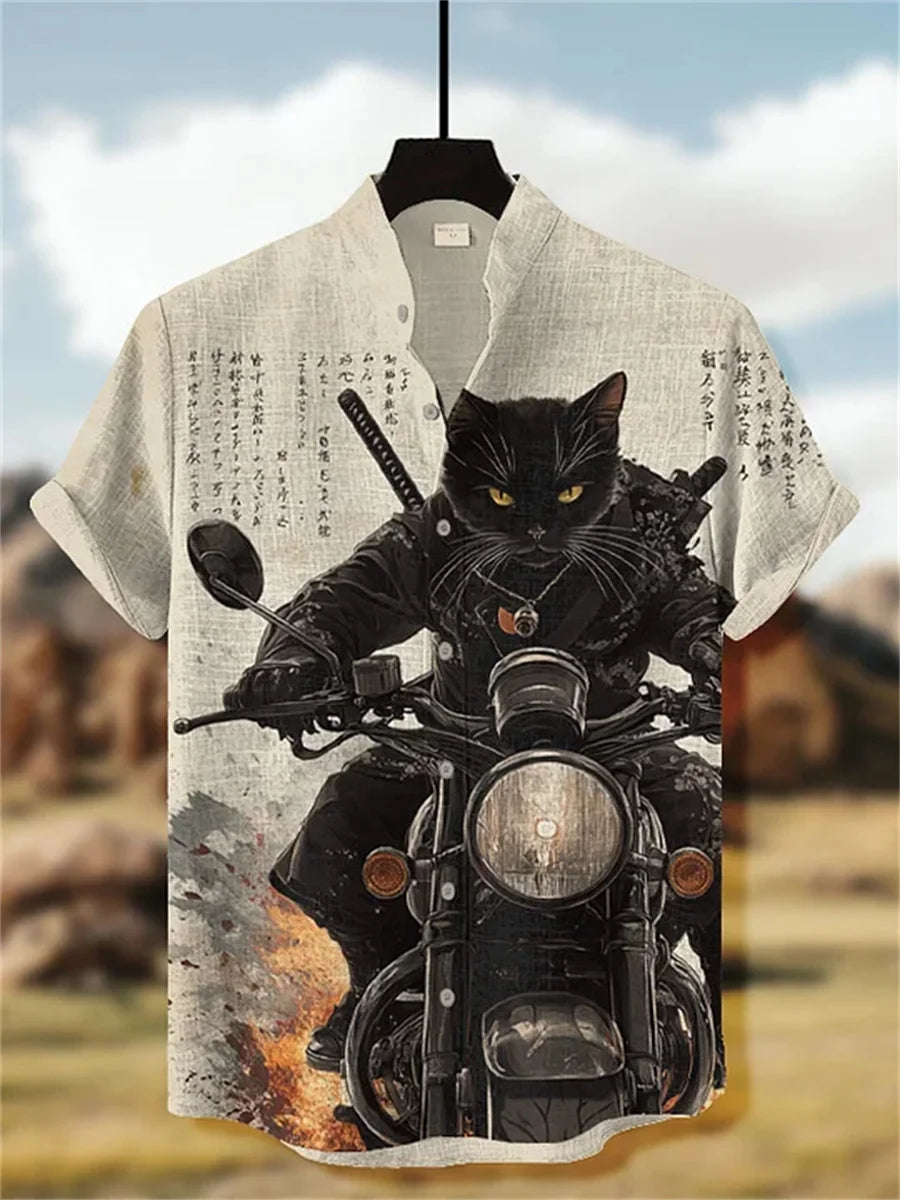 Men's short-sleeved shirt with cat and dinosaur print, casual and stylish vacation-style men's top, fashionable Hawaiian design.