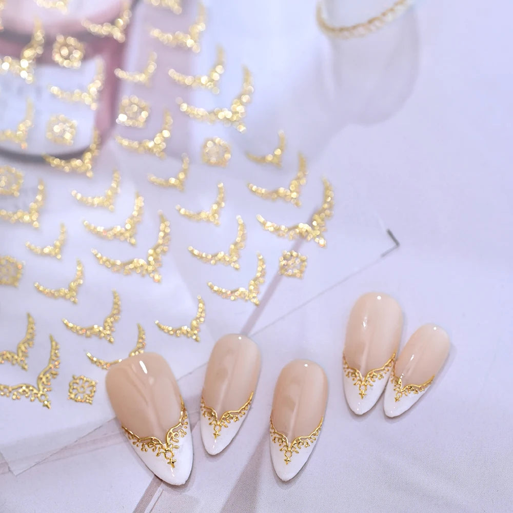 3D Gold Stamping V-Shaped French Tips Nail Art Stickers Retro Metal French Line Nail Decals Chrome Curved Strip Nail Decoration