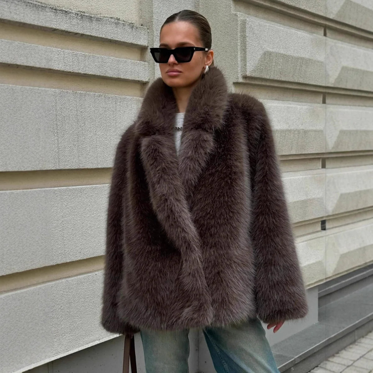 Faux Fox Fur Coats Women Solid Mid Length Jackets Lapel Collar Long Sleeve Furry Outerwear Thick Loose Casual 2025 Autumn Winter