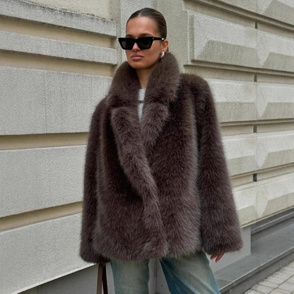 Faux Fox Fur Coats Women Solid Mid Length Jackets Lapel Collar Long Sleeve Furry Outerwear Thick Loose Casual 2025 Autumn Winter