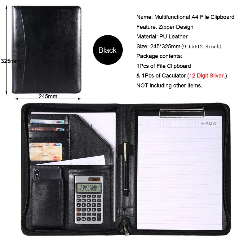 Executive Business A4 Leather Portfolio Folder Clipboard for Zippered Desk Organizer Document Briefcase Calculator for Office