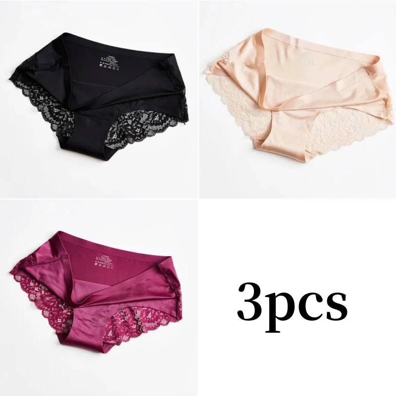 3pcs Lace Women's Panties French Seamless Underwear Female Ice Silk Briefs Solid Color Breathable Underpants Lingerie