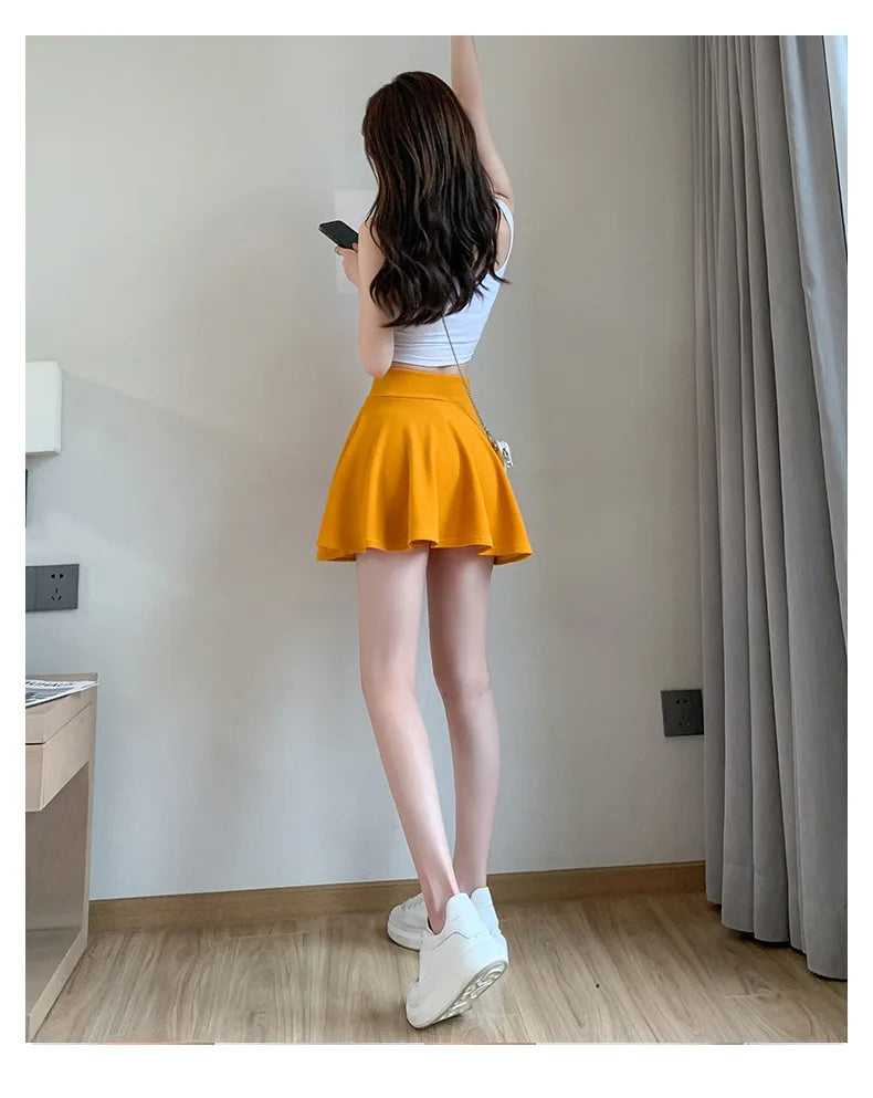 Summer Basic Skirts Women Shorts Mini Elastic Pleated Skirts High Waist Bubble Sun Skirts School Girl Uniform Lined Safety Pants
