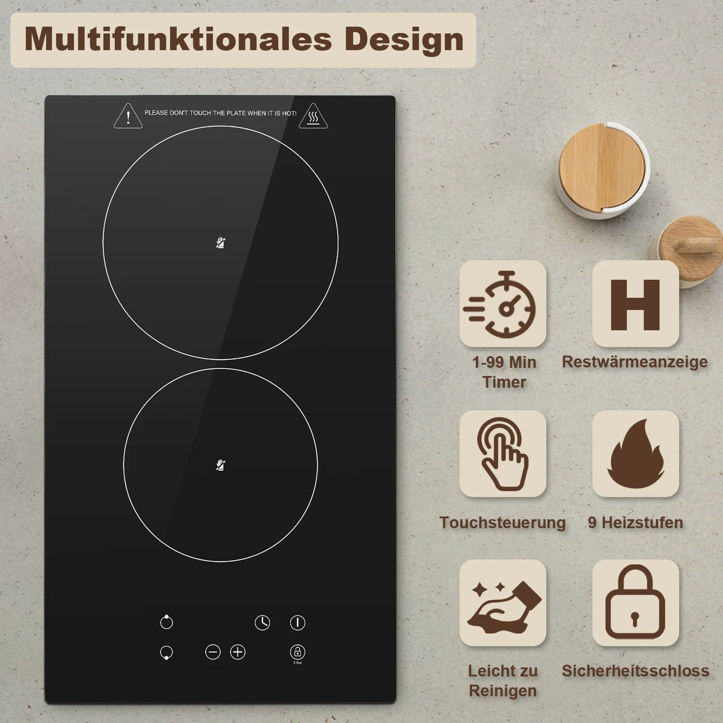 KICHPOWER 2 Plate with Plug Touch Control Glass Ceramic Hob