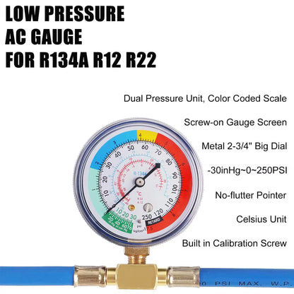 Refrigerant Charging Hose R134A with Gauge Automotive AC Refill Kit Compatible Gas Pressure Measuring Tool for Car Air Repair