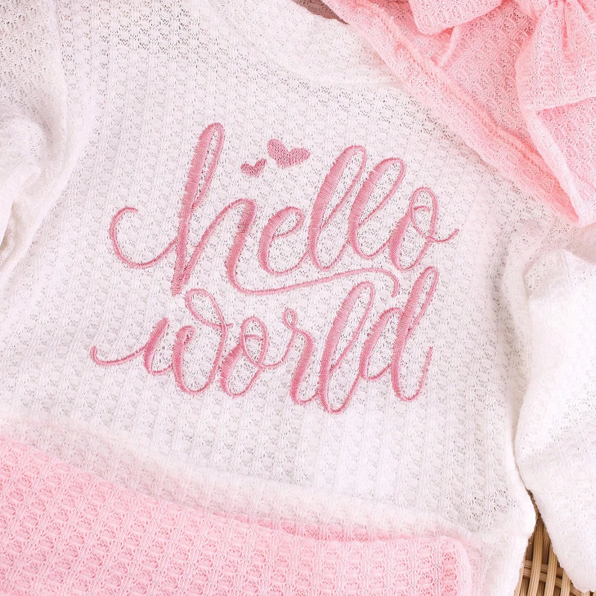 "Hello" Embroidery Newborn Photography Props Infant Romper Jumpsuit with Bow Hat Baby Coming Home Outfit Baby Photo Gift-HD