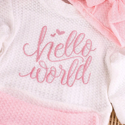 "Hello" Embroidery Newborn Photography Props Infant Romper Jumpsuit with Bow Hat Baby Coming Home Outfit Baby Photo Gift-HD