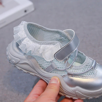 Summer Toddler Girls Breathable Mesh Sneakers Lace Decor Anti-Collision Non-Slip Sole for Daily School Outdoor WeaI