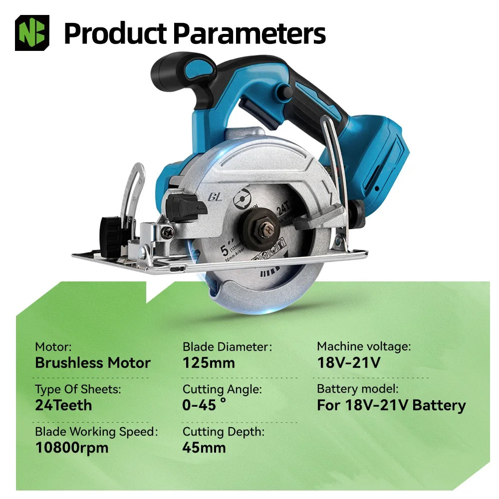 NEWBENY 5 Inch 125MM Brushless Circular Saw Cordless Electric Saw Multifunction Wood Cutting Power Tool for Makita Battery Pin