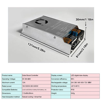 Step-Up MPPT Solar Controller Booster 450W 12A Digital Display Charging 9V-60V Input for 12V-120V Lithium Lead-Acid