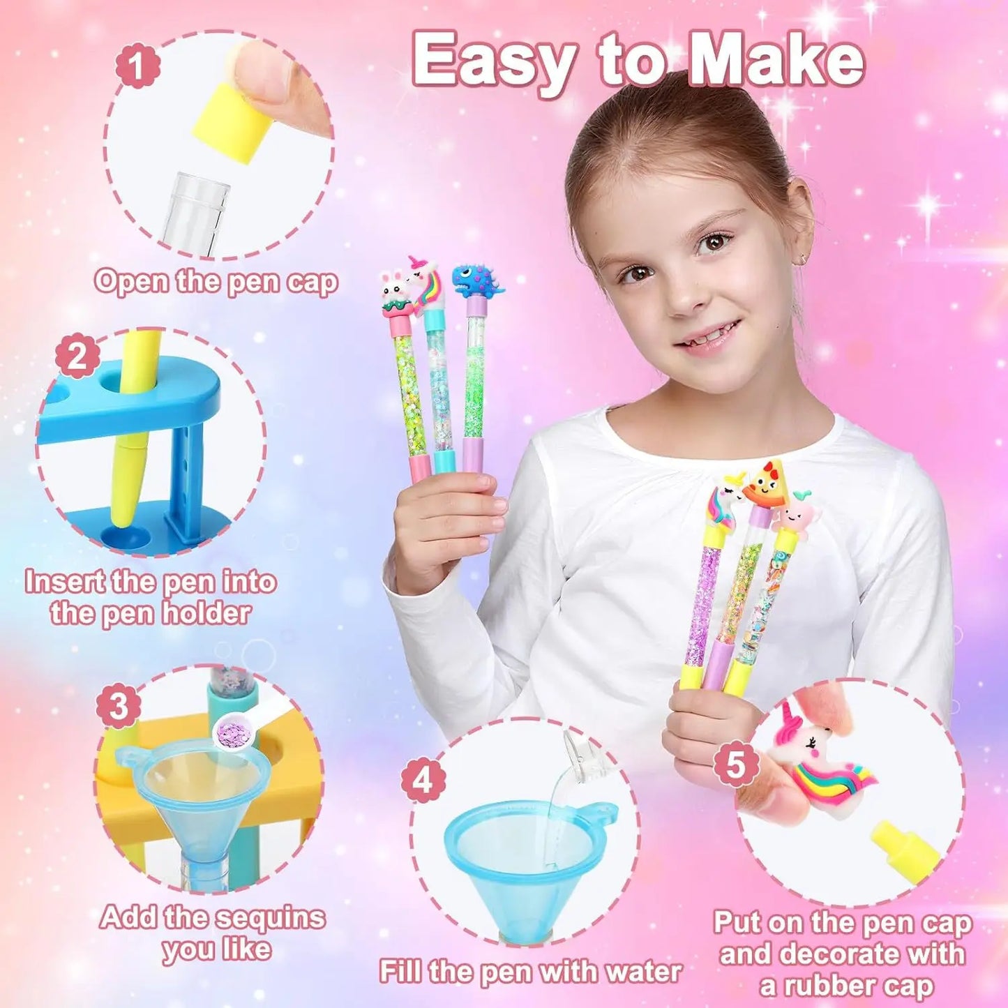 DIY Glitter Pen Making Kit Kids Craft Supplies 80+ Pieces Handmade Art Set Make 16 Pens Cartoon Decor Birthday Gift for Girls Bo