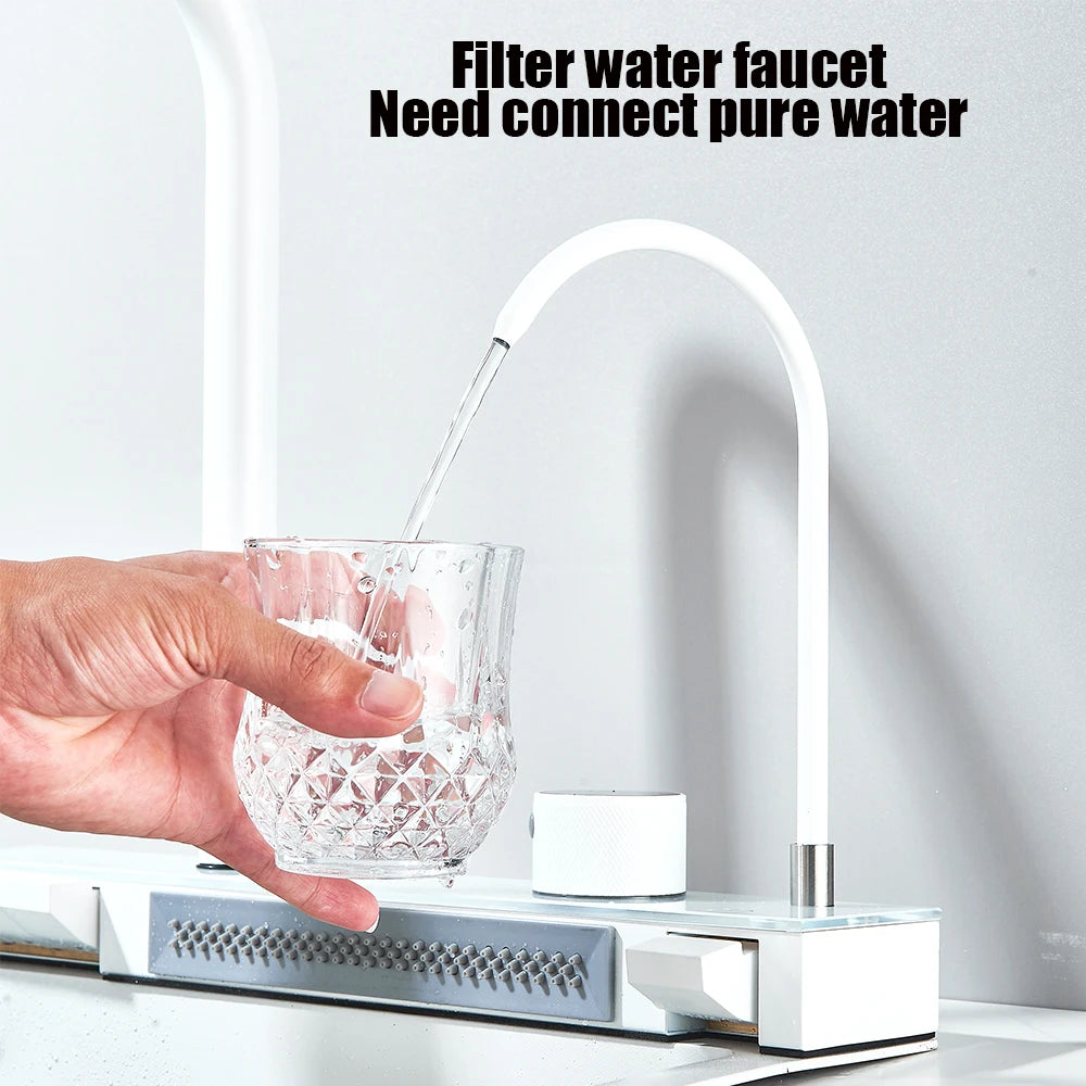 Stainless Steel Waterfall Kitchen Sink Large Single Slot Integrated Digital Display Faucet Set Soap Dispenser Cup Washer
