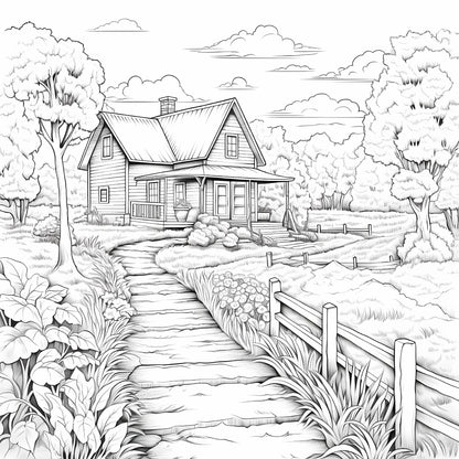 Quiet Countryside Coloring Book 20 Page House Landscape Adult Picture Book Kill Time Relaxing Art  Doodle Painting Drawing