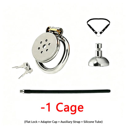Urethral Inverted Negative Male Chastity Lock Flat Cock Cage with Metal Urethral Catheter for Couple Men Penis Ring Bondage BDSM