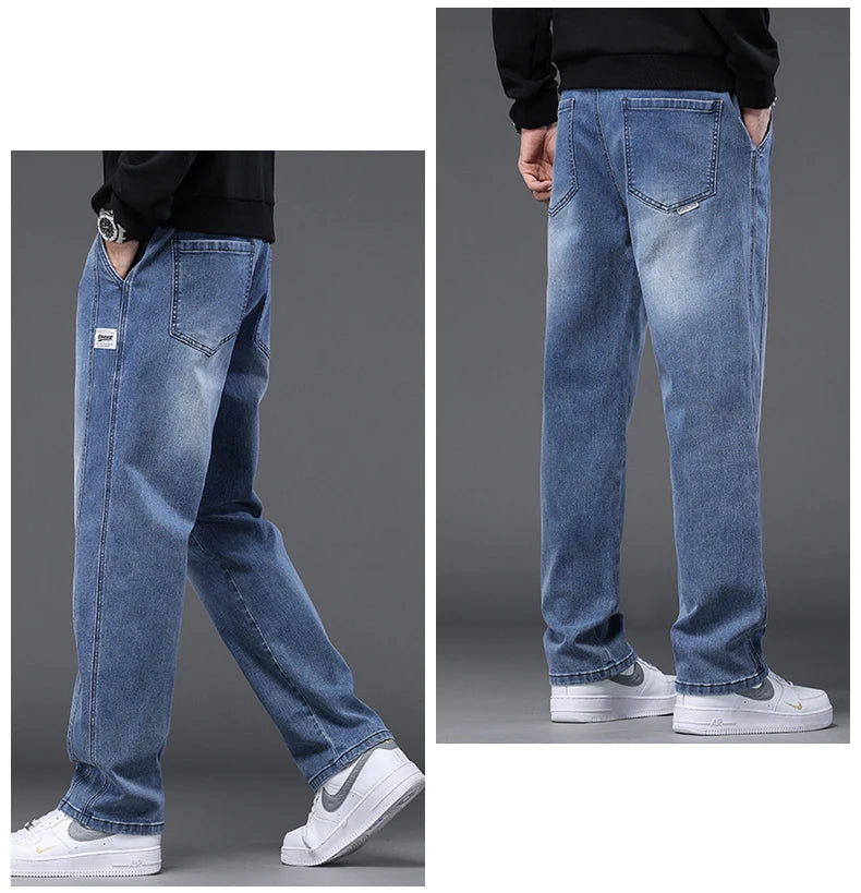 Autumn Winter Blue Jeans Men Drawstring Elastic Waist Cotton Cargo Denim Pants Work Fashion Thick Trousers Male Plus Size M-4XL