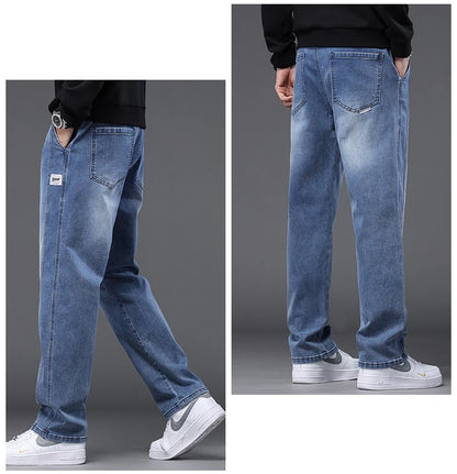 Autumn Winter Blue Jeans Men Drawstring Elastic Waist Cotton Cargo Denim Pants Work Fashion Thick Trousers Male Plus Size M-4XL