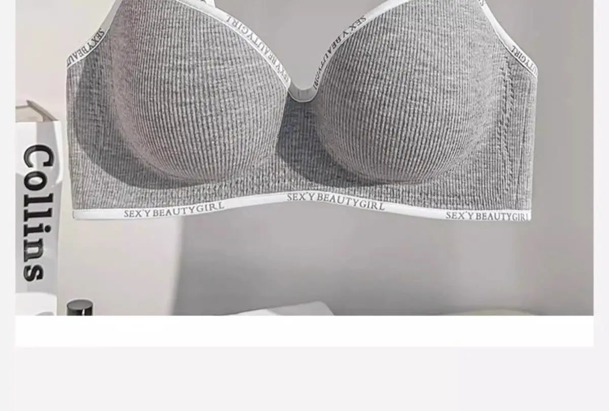 6cm Thickened Push-Up Bra for Small Chest Wireless No Steel Ring Letter Print Adjustable Straps Anti-Slip Pads Seamless Lingerie