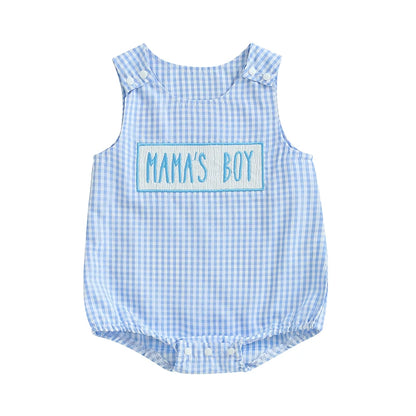 Baby Boy Summer Romper Overalls Letter Embroidery Plaid Print Sleeveless Round Neck Jumpsuit Newborn Baby Boy Clothes