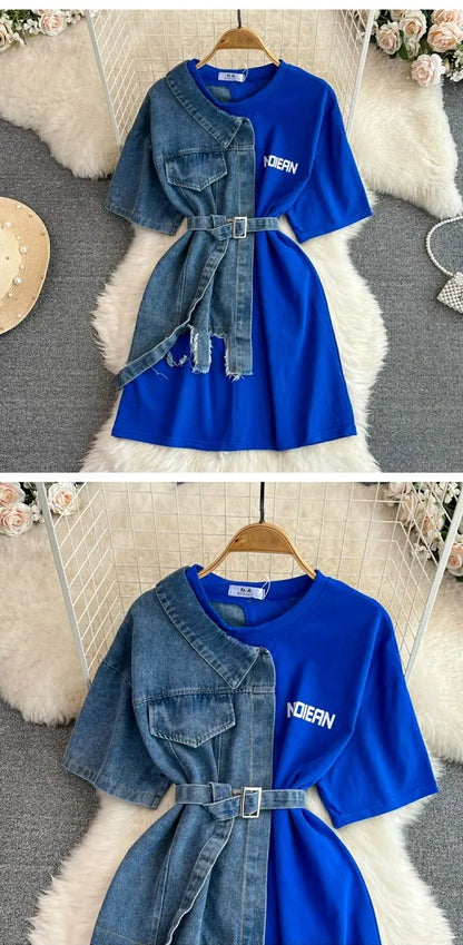 Retro Hong Kong Sle Chic Casual Mid-Length round Ne Patchwork Color Denim irt with Belt Spring New Women's Faion Top
