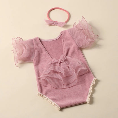Ylsteed 2 Pieces Set Beige Newborn Photography Costume Lace Romper Bow Headband Set Baby Girl Photo Shooting Outfits