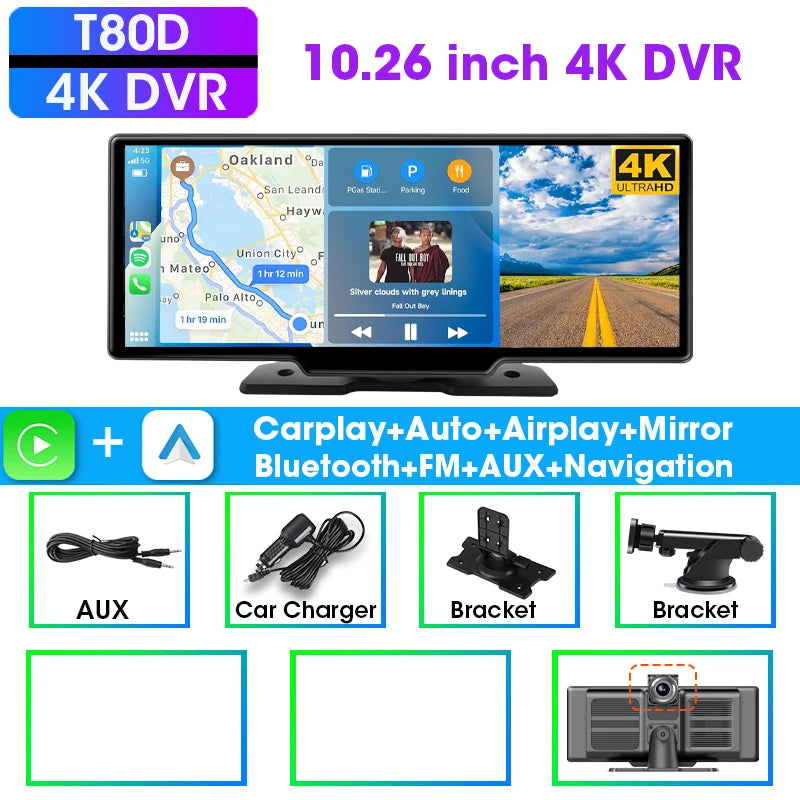 7/10.26" Wireless Carplay Screen for Car,5G Wifi Dash Cam 4K Car DVR,Android Auto Dual Lens GPS Navigation Video Recorder,FM AUX