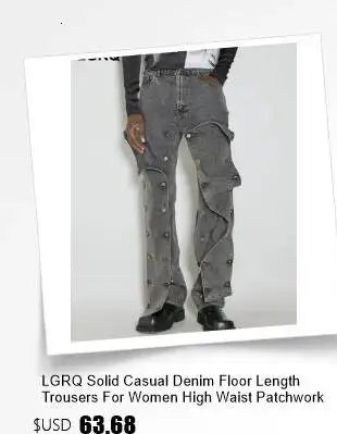 LGRQ Denim Patchwork Pants For Women Fashion New High Waist Contrast Color Belt Straight Pant Female 2026 Summer New 17A2013H