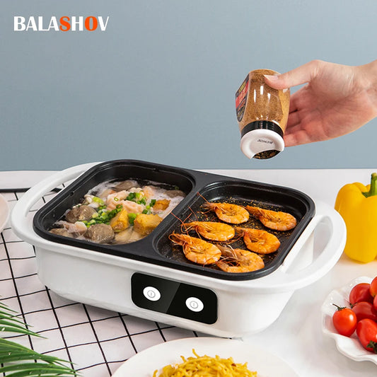2in1 nelimpantis Shabu puodas ir keptuvė, daugiafunkcinis BBQ Shabu Shabu puodas su griliumi, kepsniais, ramen ir makaronais, elektrinis virimo puodas
