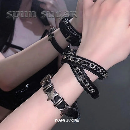 New Punk Dark PU Bracelet For Women Men Hip Hop Rock Chain Multi Layered Bracelet Trend Retro Gothic Jewelry Dancer Accessories