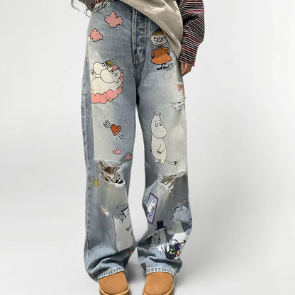 WTHT Fashion Trendy Women's Cartoon Print Hole Straight Jeans 2025 Spring New High Waist Wide Leg Denim Pants Female 1LS1175