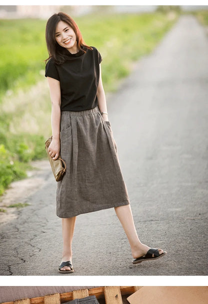 New Cotton and Hemp Half Length Skirt for Women in Summer, A-line Medium Length Skirt, High Waist, Loose Elastic Waist Skirt