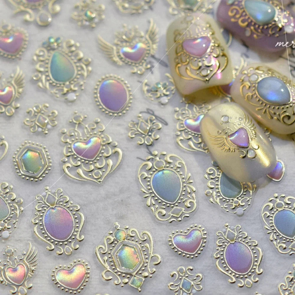 Cat's Eye 5D Gradient European Love Heart Gem Wing Crystal Geometric Colorful Self Adhesive Nail Art Stickers Manicure Decals