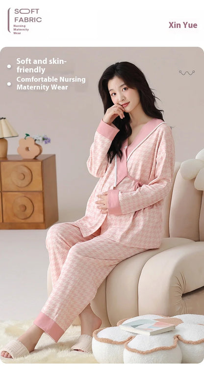 Postpartum Clothing with Chest Cushion Autumn Postpartum Women Pajamas Maternity Ladies Breastfeeding Clothes Pregnancy Homewear