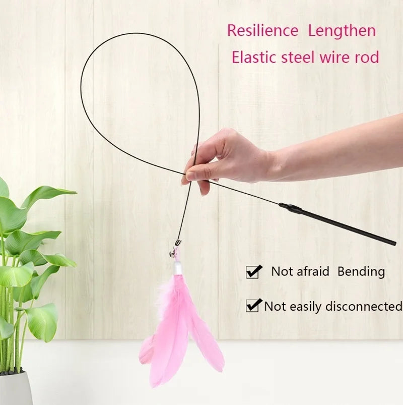 Cat Teaser Toy Cat Teaser Pole With Feather Bell Extended Rod Suction Cup Durable Bite Teaser Stick Replaceable Feather Head