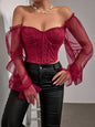 Women Chic Lace Mesh Sheer  Long Sleeve Backless Crop Top Solid Slim Sexy Korean Fashion Summer Women Shirt Square Collar