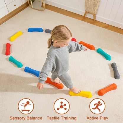 12 Pcs Balance Stepping Stones for Kids Sensory Integration Training Obstacle Course Indoor Outdoor Play Safe Stackable Tactile Beam for Toddlers Children