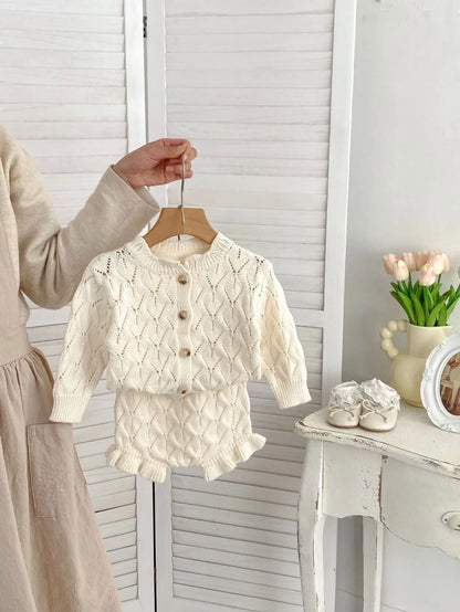 New Baby Girl Autumn Sweater Coat Hollow Knitted Air Conditioner Set Solid Cardigan Shorts Two Piece Set