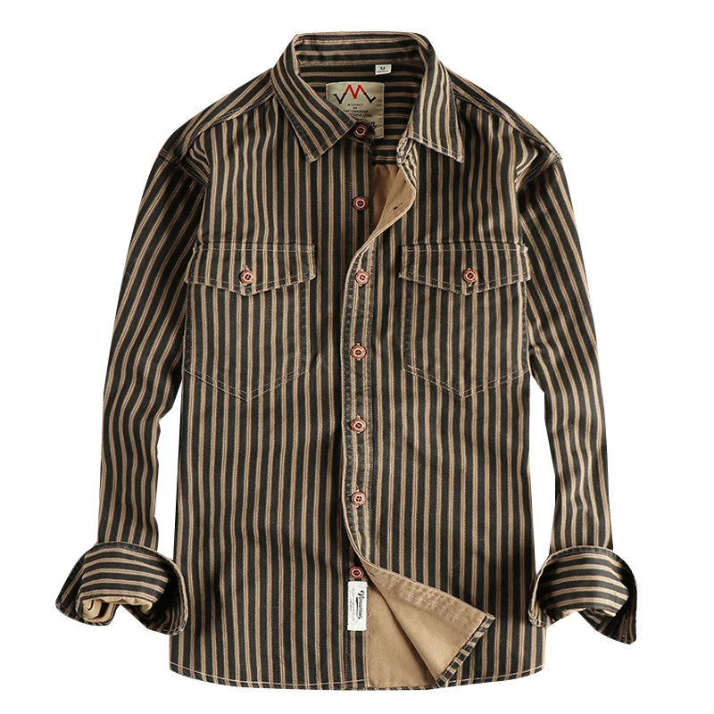 2025 Autumn And Winter New American Retro Stripe Long-Sleeve Lapel Shirt Men's Simple Fashion Washed Multi-pocket Casual Blouses
