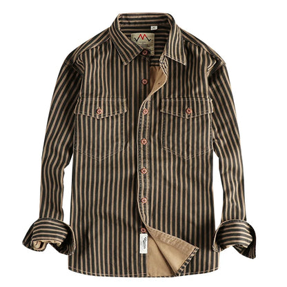 2025 Autumn And Winter New American Retro Stripe Long-Sleeve Lapel Shirt Men's Simple Fashion Washed Multi-pocket Casual Blouses