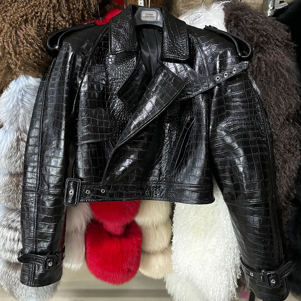 YOLOAgain Wide Shoulder Real Leather Jacket Women Oversized Genuine Leather Cropped Jacket