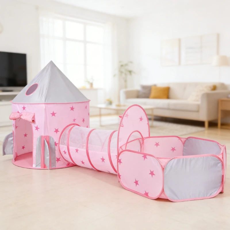 Pink Kids Tent with Tunnel & Ball Pit, Princess Play Tent for Girls, Indoor Outdoor Baby Ball Pit Playhouse with Basketball Hoop